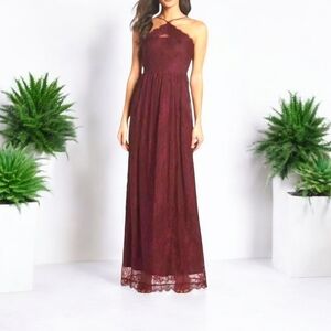 Heartloom Eloise Halter Lace‎ Maxi Gown Dress Burgundy Eyelash Scalloped Med NWT